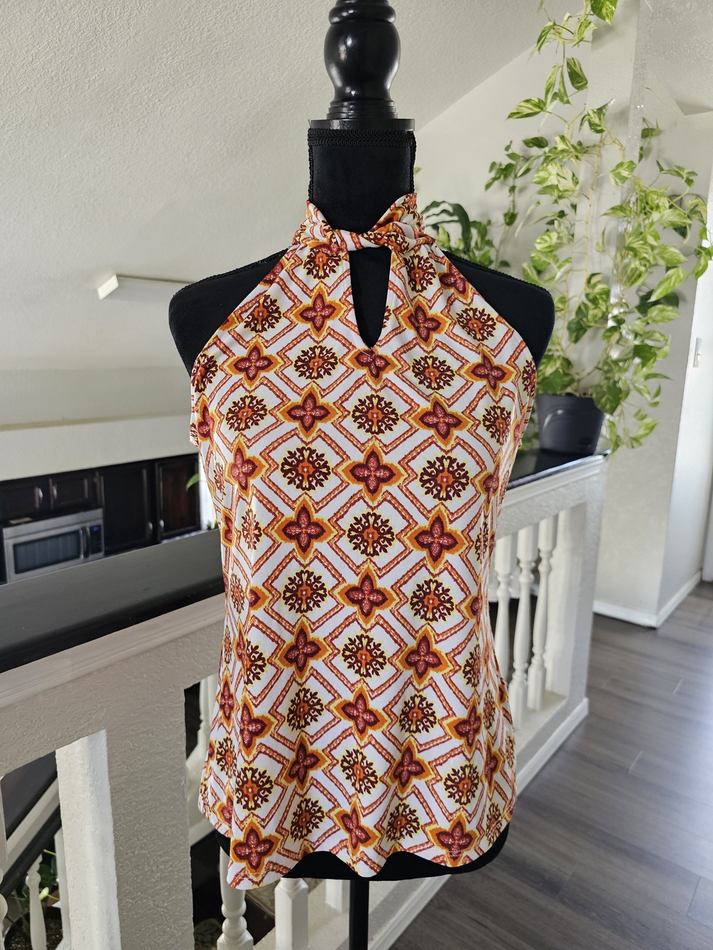 TEA PLEASE - Halter Neck Printed Women’s Top - Orange Floral Pattern - S -